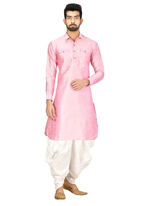 Pink Embroidered Silk Kurta Set For Men