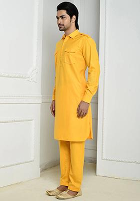 Yellow Embroidered Cotton Kurta Set For Men