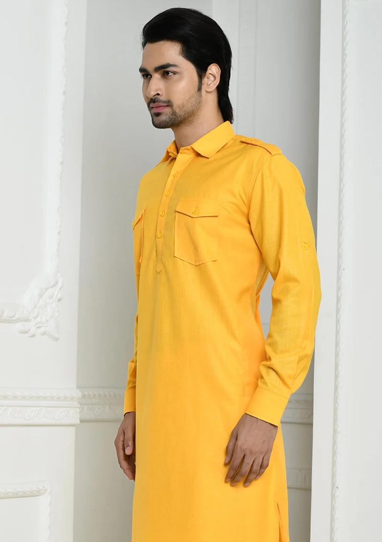 Yellow Embroidered Cotton Kurta Set For Men