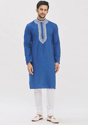 Blue Solid Cotton Kurta Set For Men