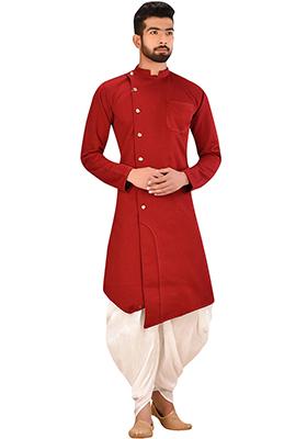 Maroon Embroidered Silk Kurta Set For Men
