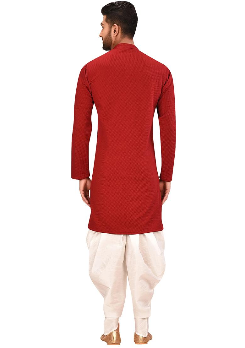 Maroon Embroidered Silk Kurta Set For Men