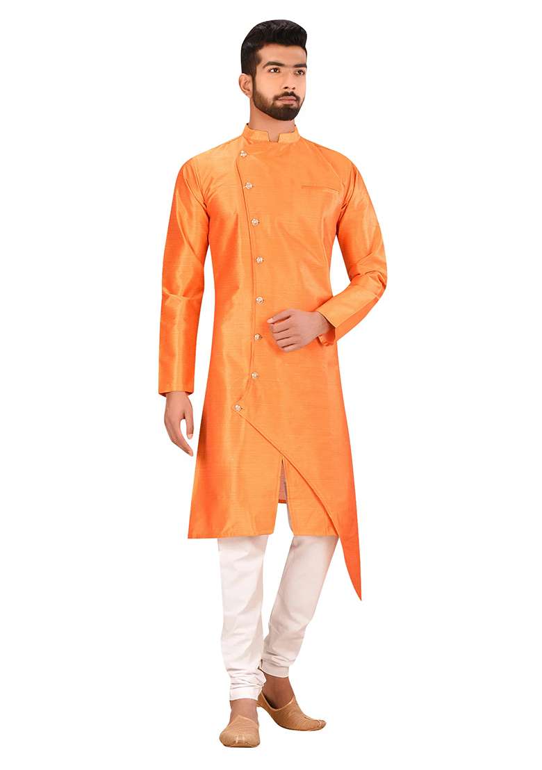 Orange Solid Silk Blend Kurta Set For Men - Indya
