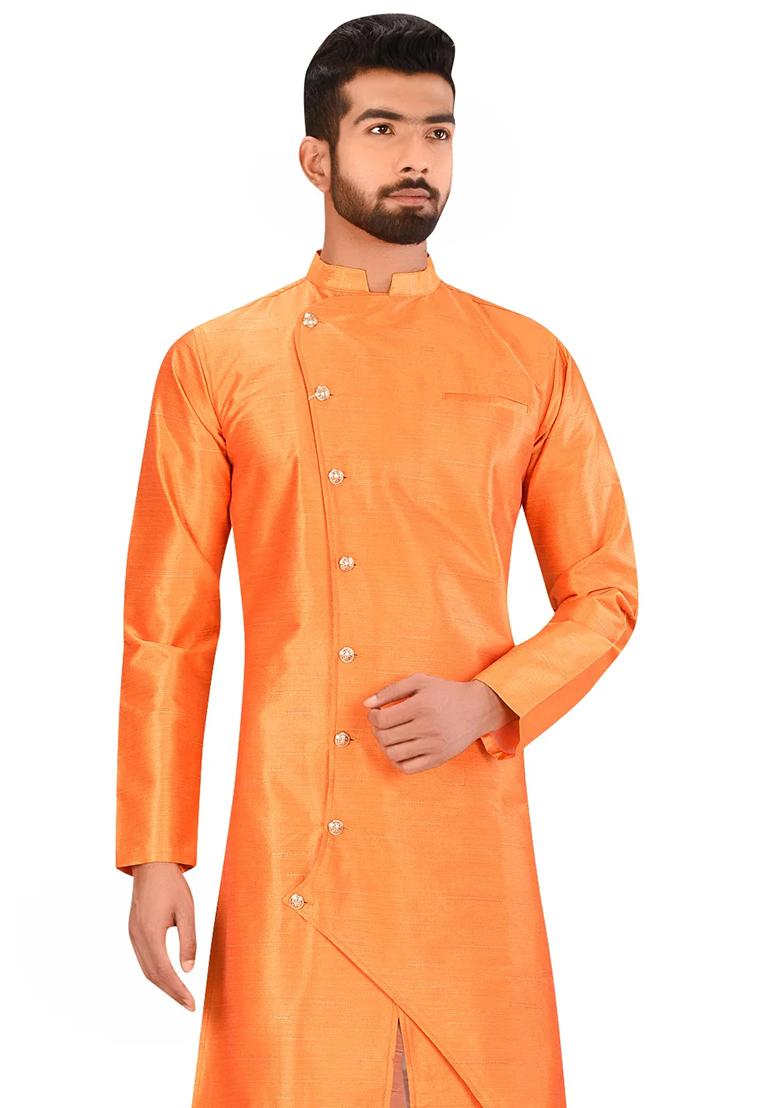 Orange Solid Silk Kurta Set For Men