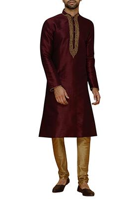 Dark Brown Solid Silk Kurta Set For Men