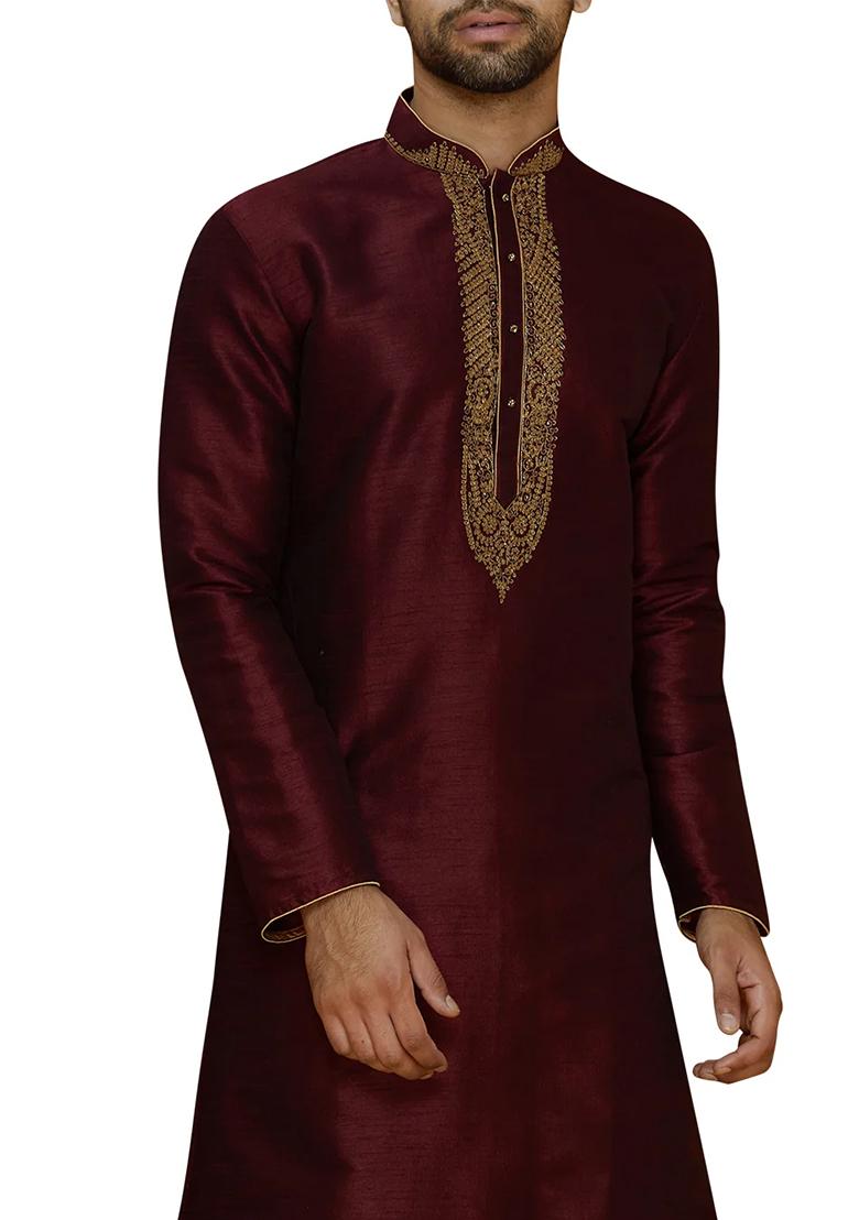 Dark Brown Solid Silk Kurta Set For Men