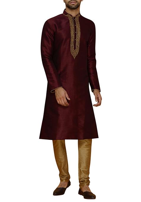 Dark Brown Solid Silk Kurta Set For Men