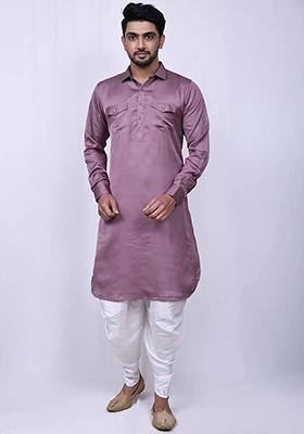 Dark Lavender Embroidered Cotton Kurta Set For Men