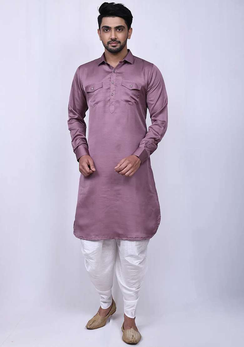 Dark Lavender Embroidered Cotton Kurta Set For Men - Indya