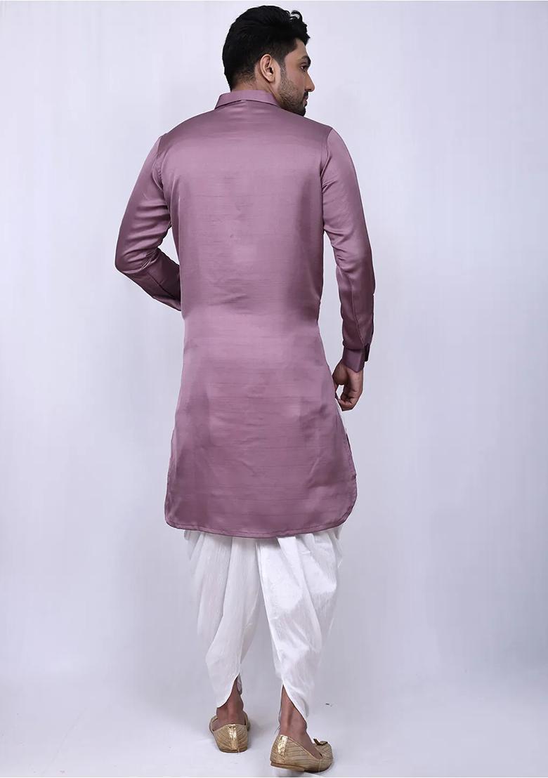 Dark Lavender Embroidered Cotton Kurta Set For Men