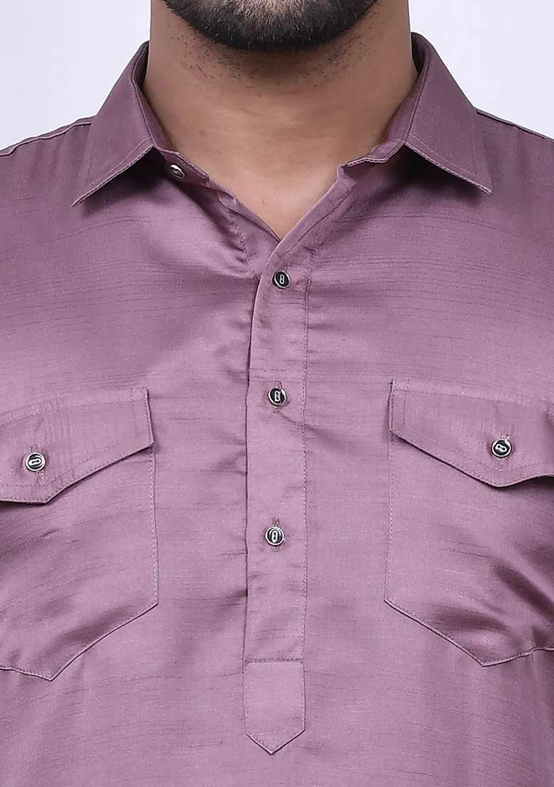 Dark Lavender Embroidered Cotton Kurta Set For Men - Indya