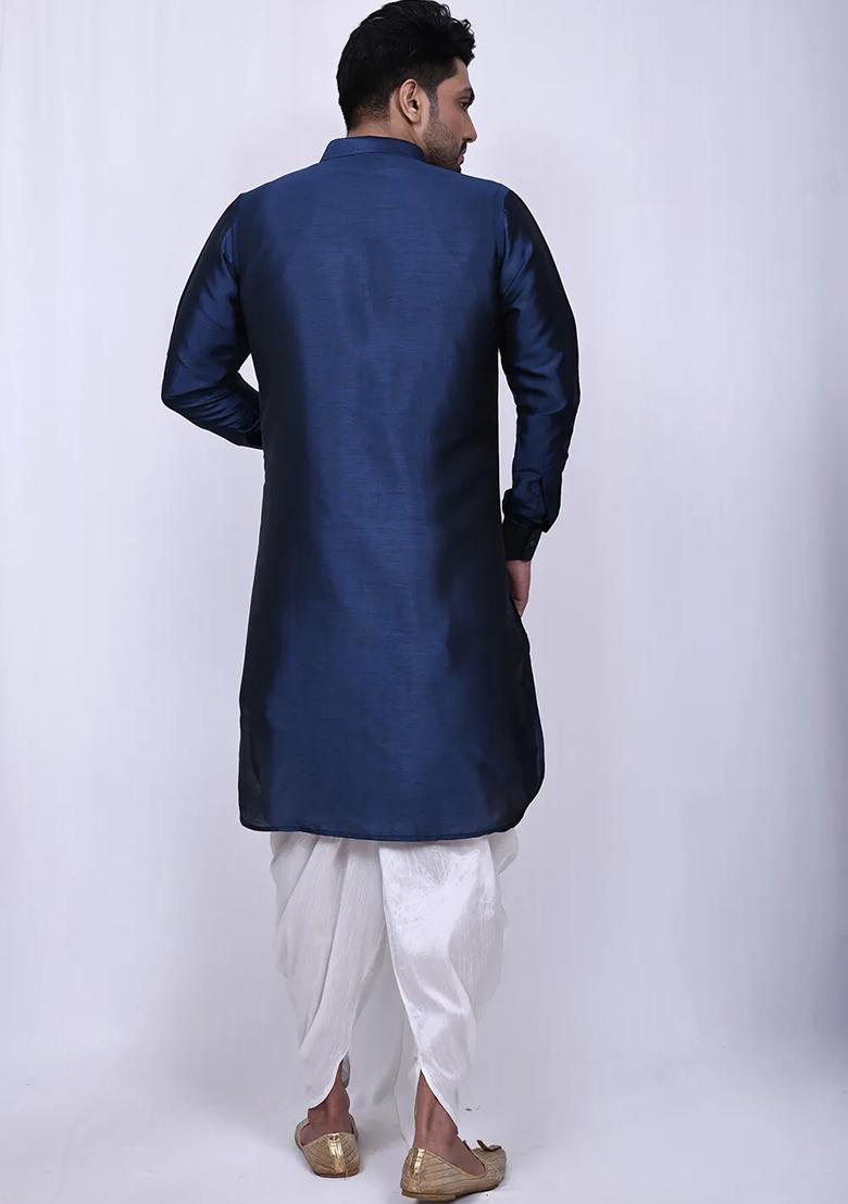 Navy Blue Embroidered Cotton Kurta Set For Men