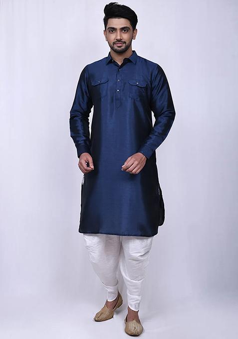 Navy Blue Embroidered Cotton Kurta Set For Men