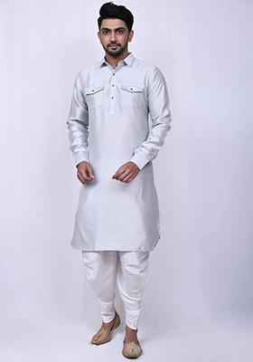 Off White Embroidered Cotton Kurta Set For Men