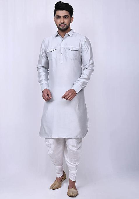 Off White Embroidered Cotton Kurta Set For Men