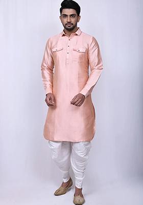 Peach Embroidered Silk Kurta Set For Men