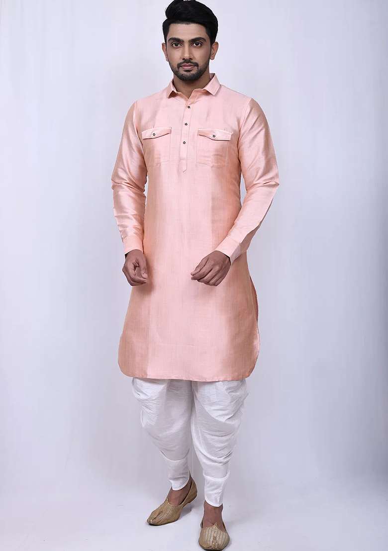 Peach Embroidered Silk Blend Kurta Set For Men - Indya