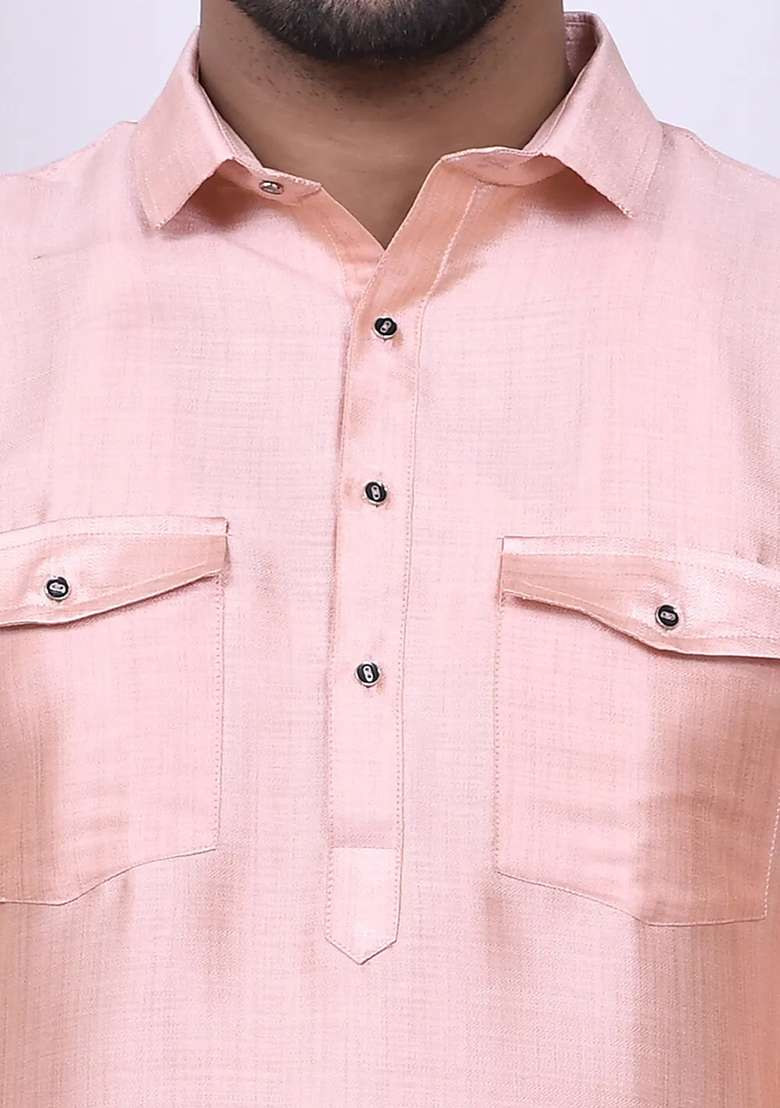 Peach Embroidered Silk Blend Kurta Set For Men - Indya