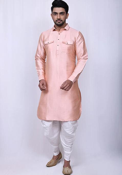 Peach Embroidered Silk Kurta Set For Men