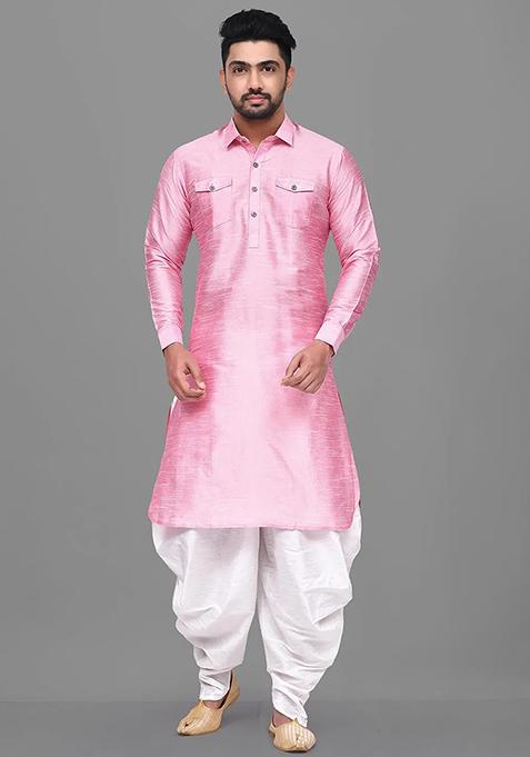 Pink Embroidered Silk Kurta Set For Men