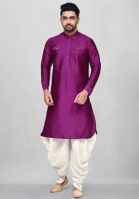 Purple Embroidered Silk Kurta Set For Men