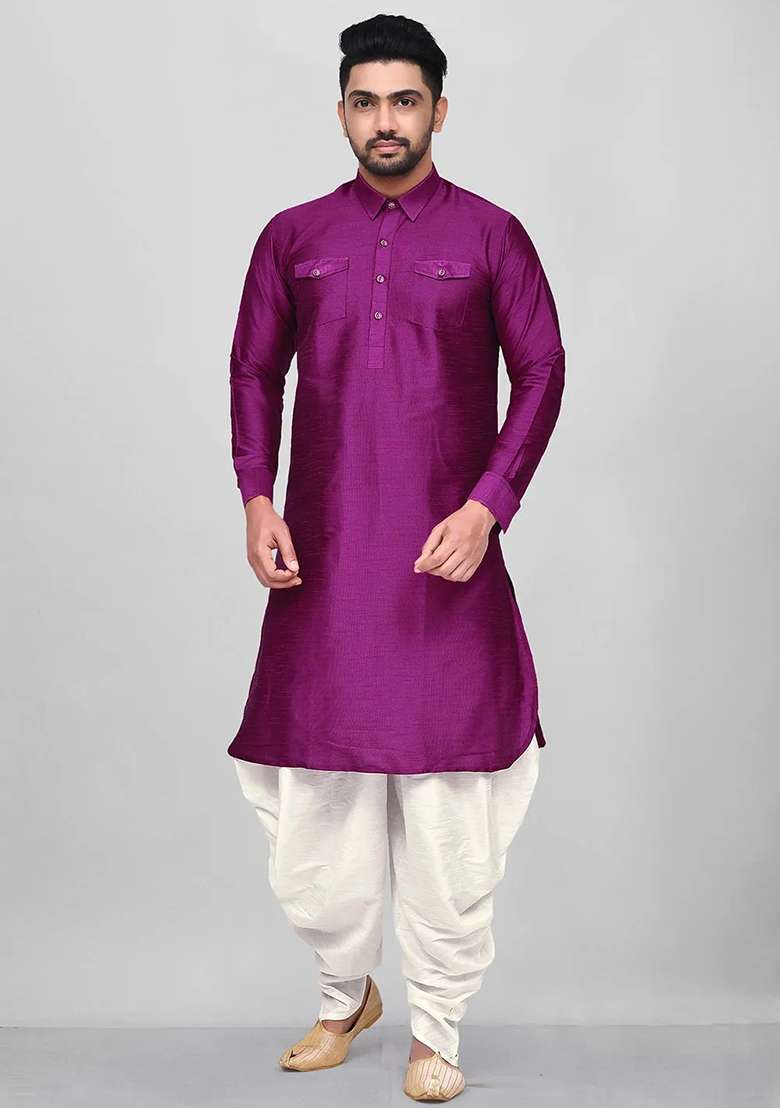 Purple Embroidered Silk Blend Kurta Set For Men - Indya
