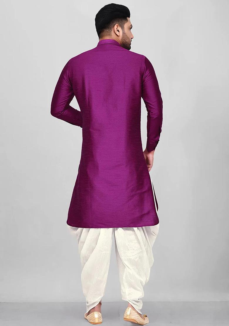 Purple Embroidered Silk Kurta Set For Men