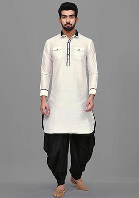 Off White Embroidered Silk Kurta Set For Men