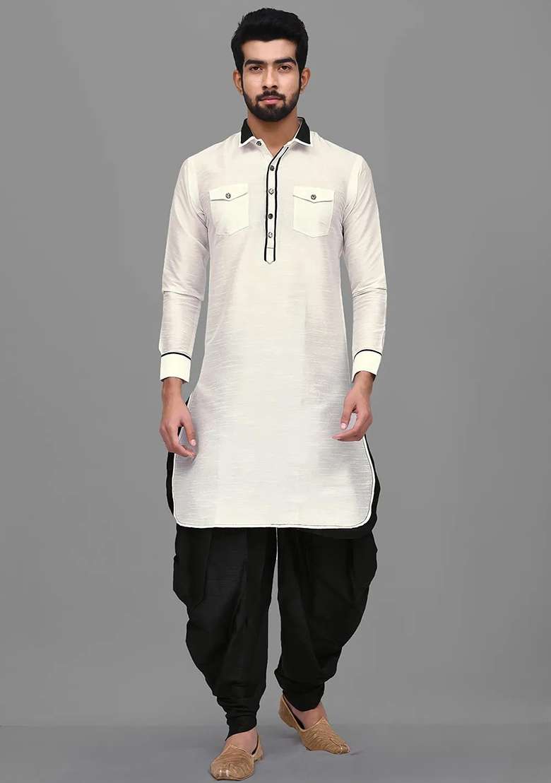 Off White Embroidered Silk Blend Kurta Set For Men - Indya