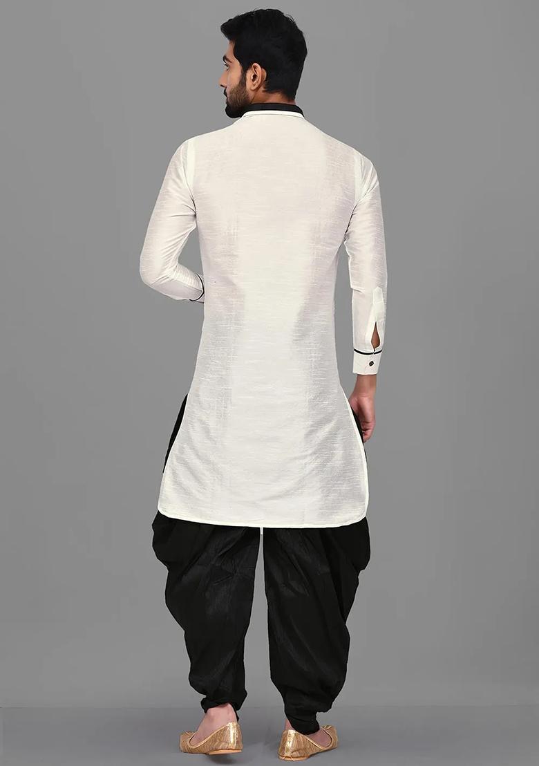 Off White Embroidered Silk Kurta Set For Men