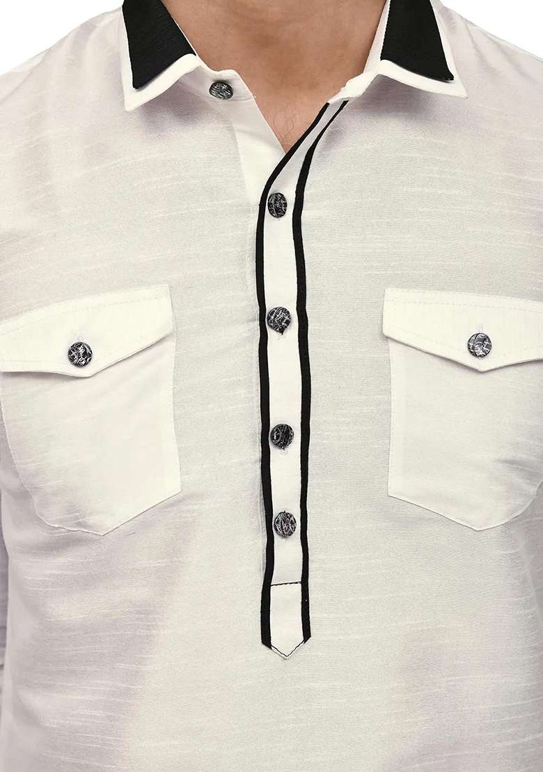 Off White Embroidered Silk Blend Kurta Set For Men - Indya