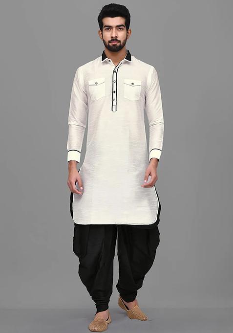 Off White Embroidered Silk Kurta Set For Men