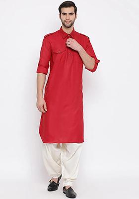 Maroon Embroidered Cotton Kurta Set For Men