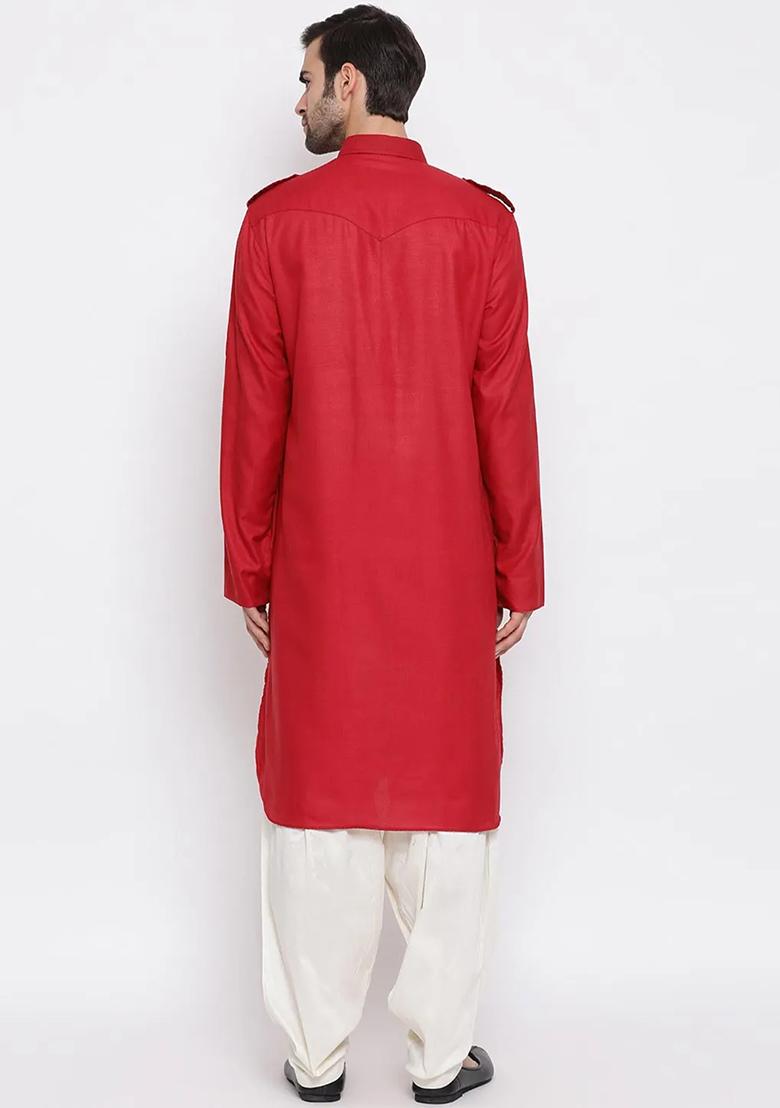 Maroon Embroidered Cotton Kurta Set For Men