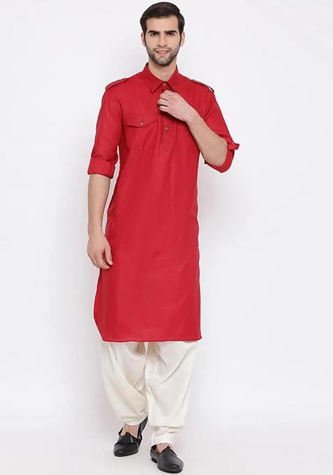 Maroon Embroidered Cotton Kurta Set For Men