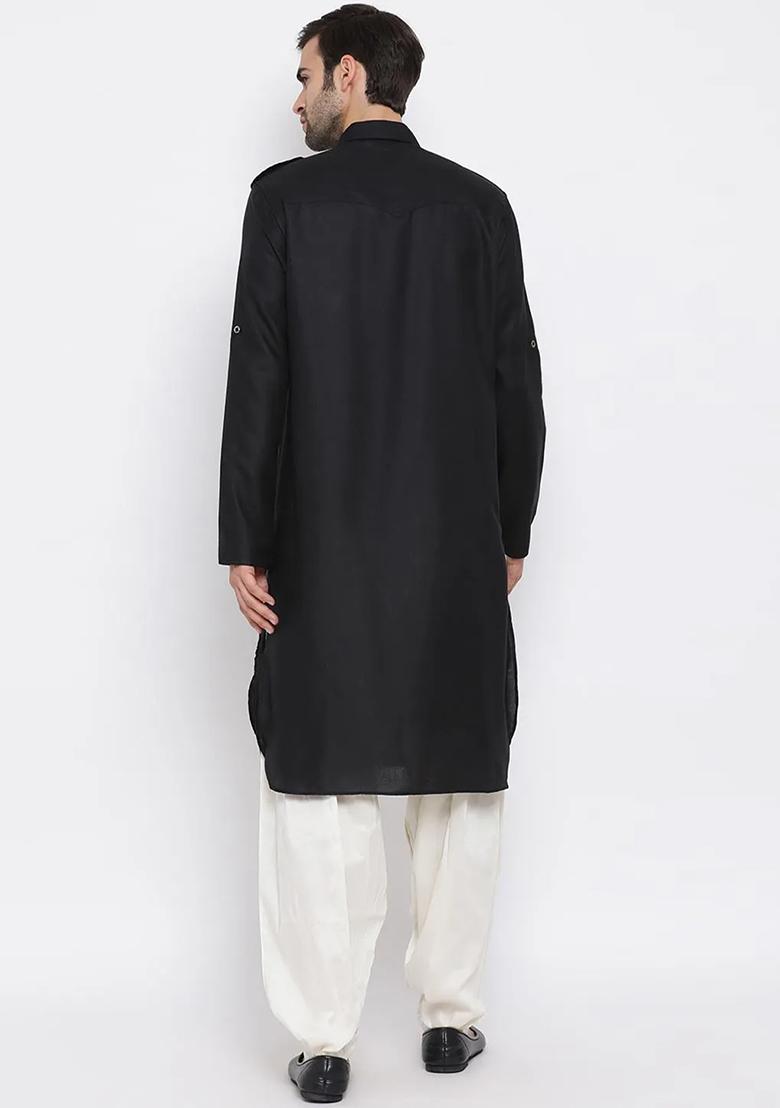 Black Embroidered Cotton Kurta Set For Men