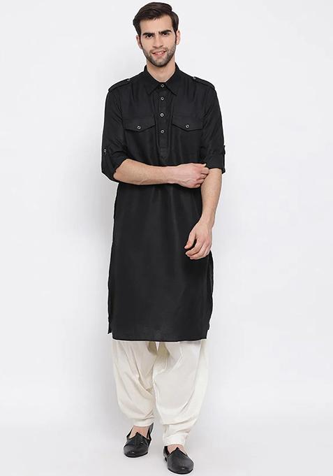 Black Embroidered Cotton Kurta Set For Men