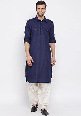 Navy Blue Embroidered Cotton Kurta Set For Men