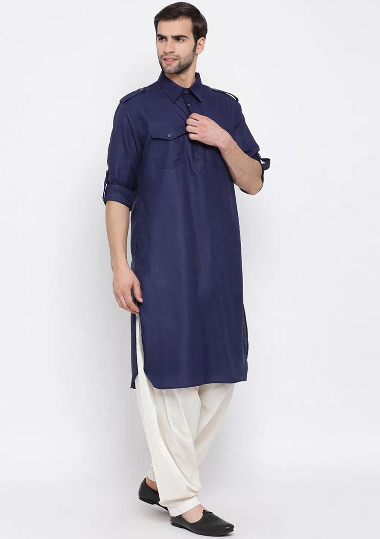 Navy Blue Embroidered Cotton Kurta Set For Men