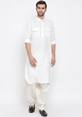 White Embroidered Cotton Kurta Set For Men