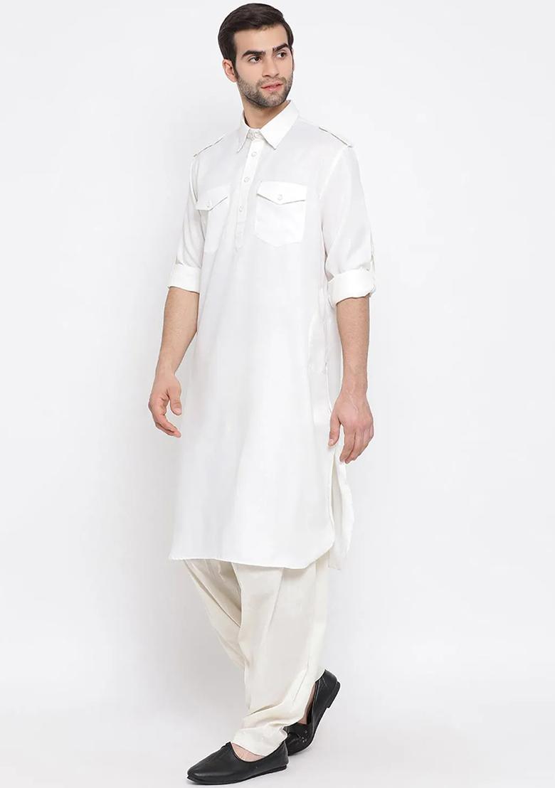 White Embroidered Cotton Kurta Set For Men