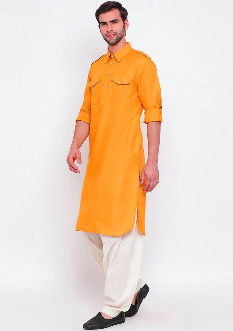 Yellow Embroidered Cotton Kurta Set For Men