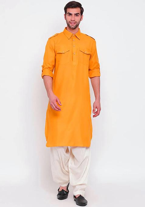 Yellow Embroidered Cotton Kurta Set For Men