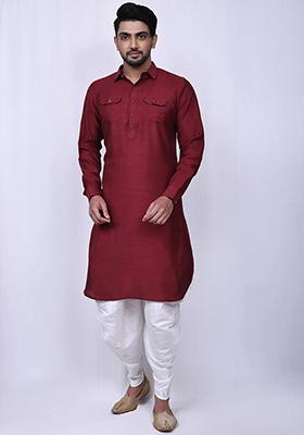 Maroon Embroidered Silk Kurta Set For Men