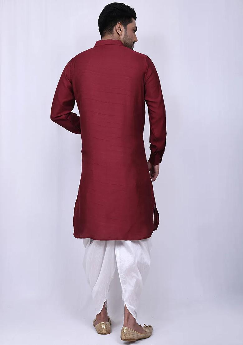 Maroon Embroidered Silk Kurta Set For Men
