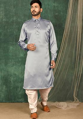 Grey Embroidered Silk Kurta Set For Men