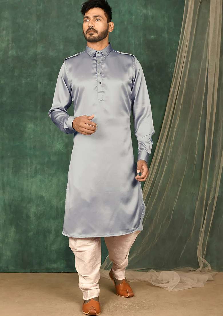 Grey Embroidered Silk Blend Kurta Set For Men - Indya