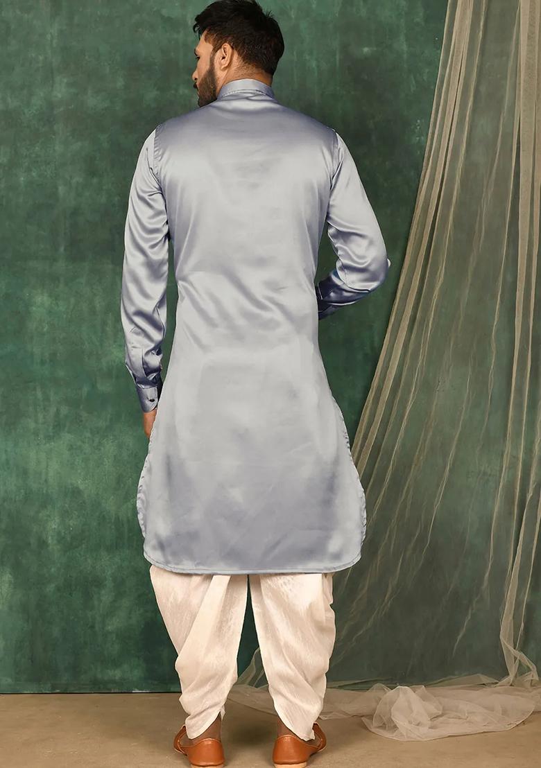 Grey Embroidered Silk Kurta Set For Men