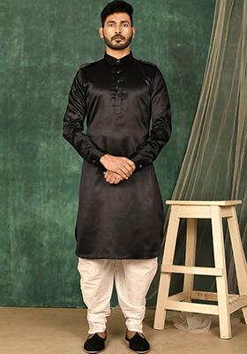 Black Embroidered Silk Kurta Set For Men