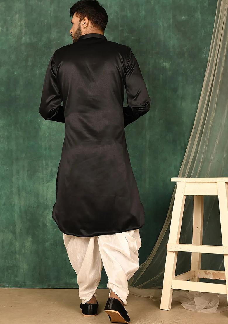 Black Embroidered Silk Kurta Set For Men